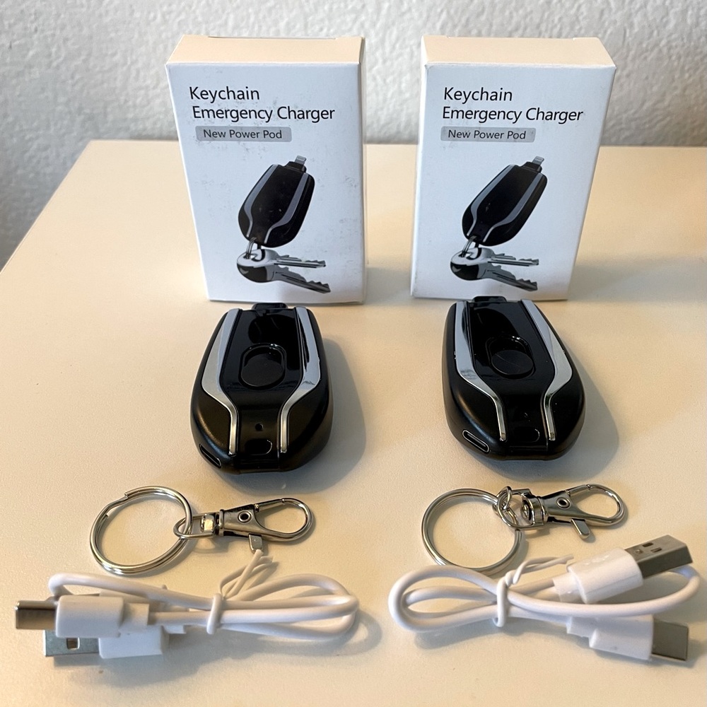 Emergency iPhone chargers (2). Keychain ready